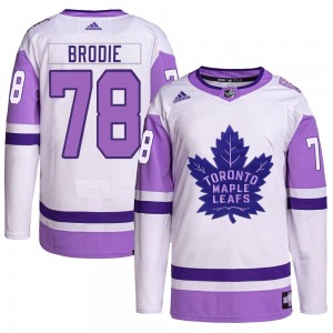 Adidas TJ Brodie Toronto Maple Leafs Youth Authentic Hockey Fights Cancer Primegreen Jersey - White/Purple