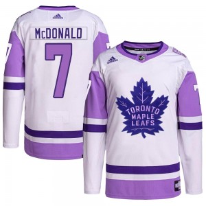 Adidas Lanny McDonald Toronto Maple Leafs Youth Authentic Hockey Fights Cancer Primegreen Jersey - White/Purple